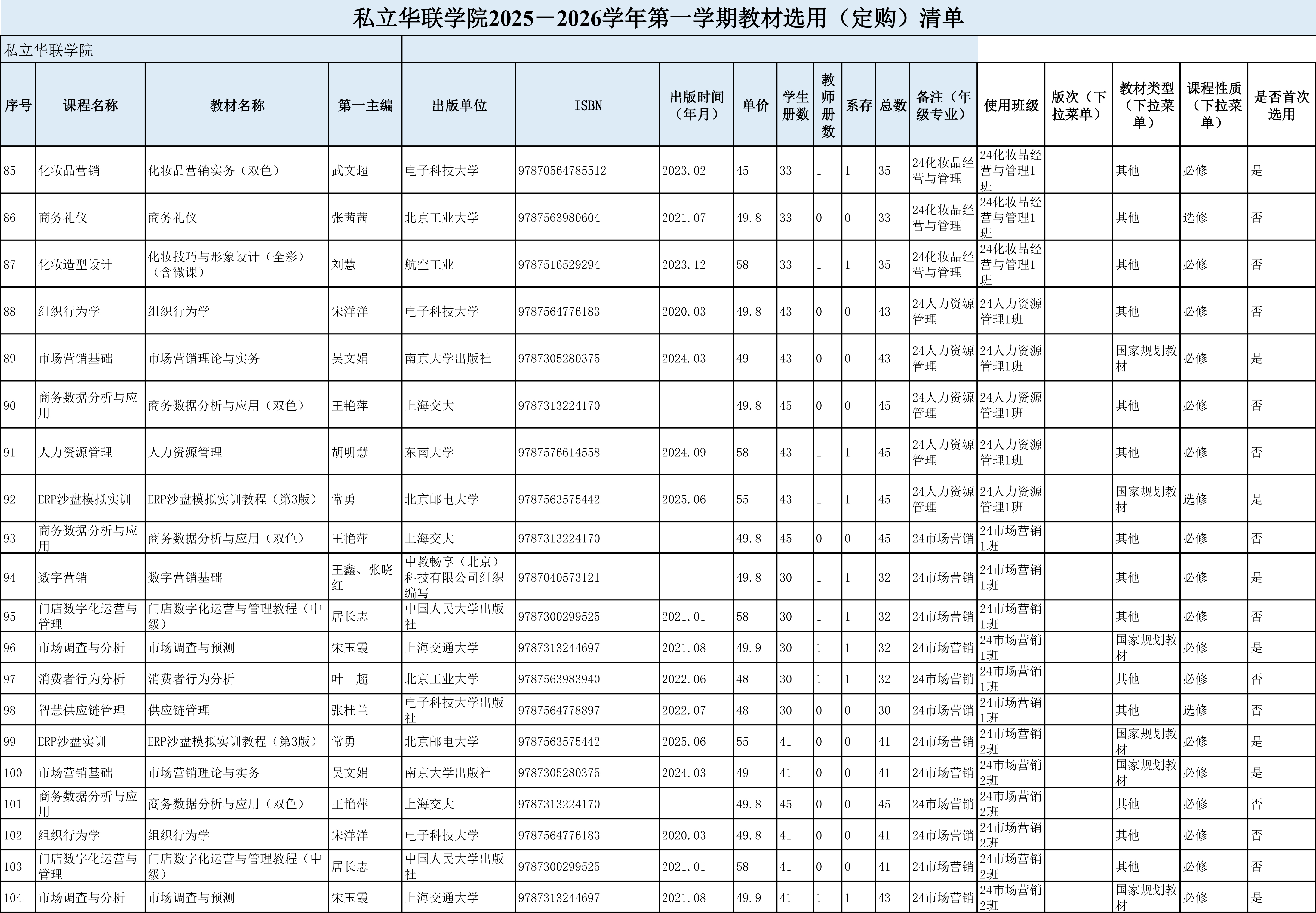 私立华联学院2025-2026学年第一学期教材选用公示