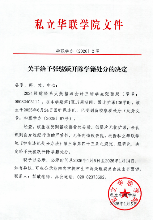 关于给予张骏跃开除学籍处分的决定